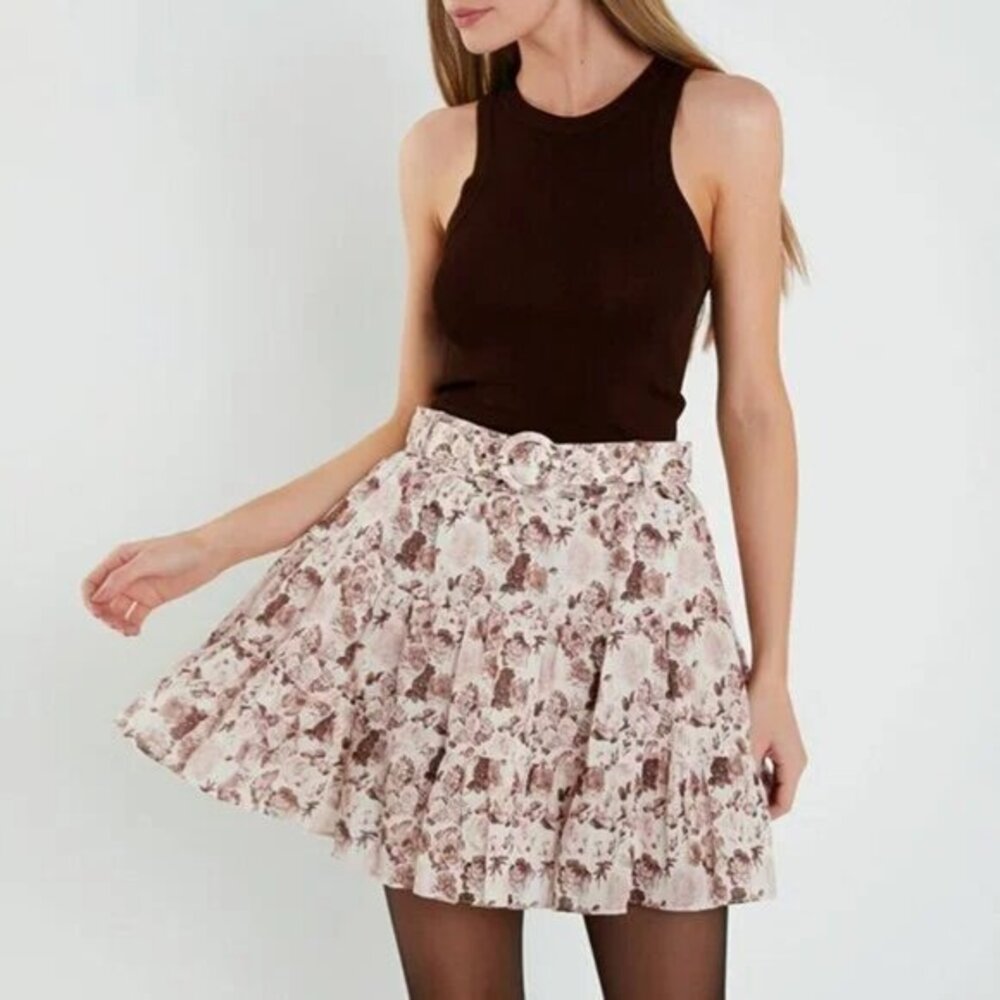New English Factory Linen Tencel Floral Belted Mini Skirt Blush XS $110